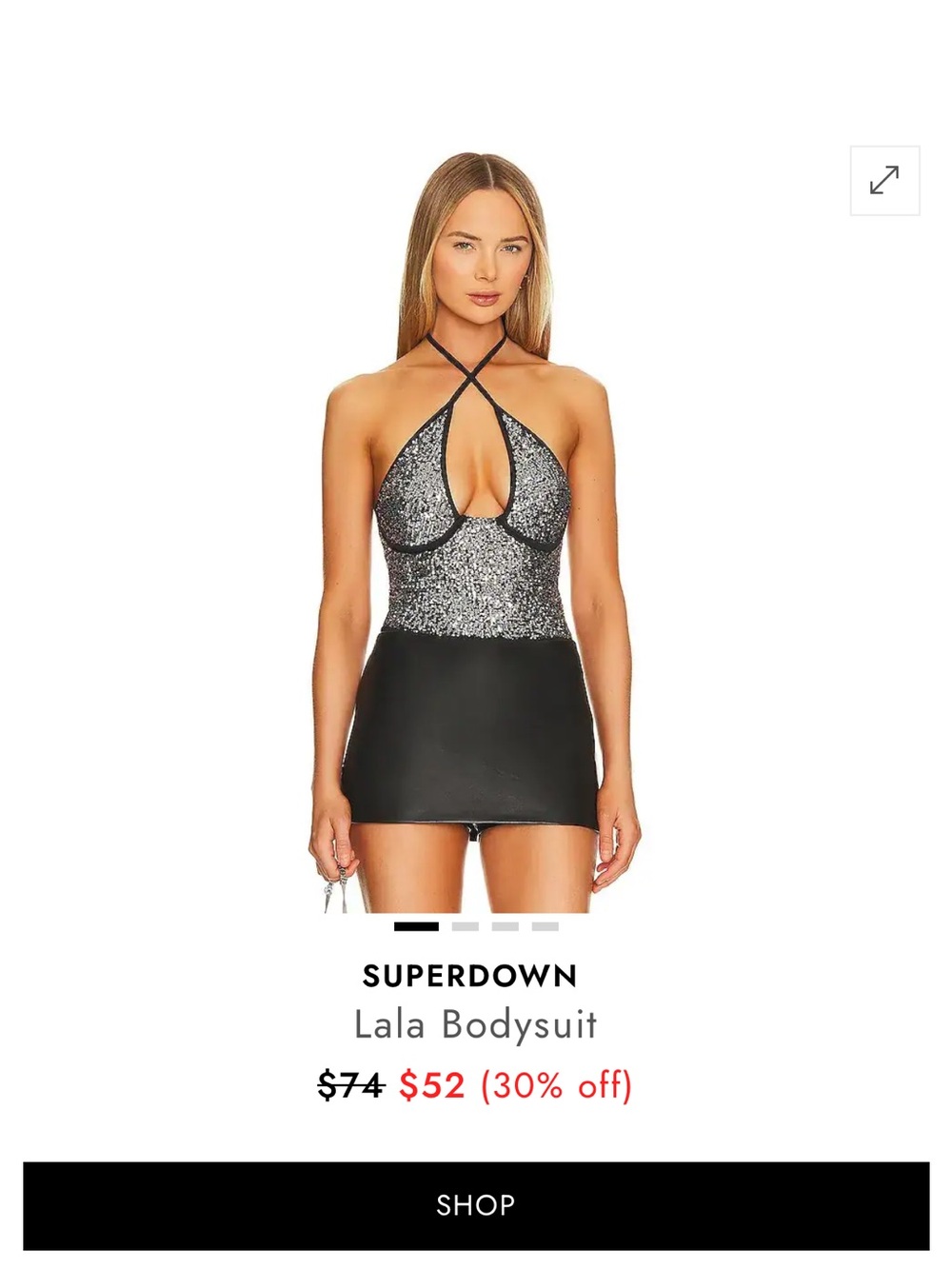 superdown Silver Sequin Halter Mini Bodysuit with Black Skirt
